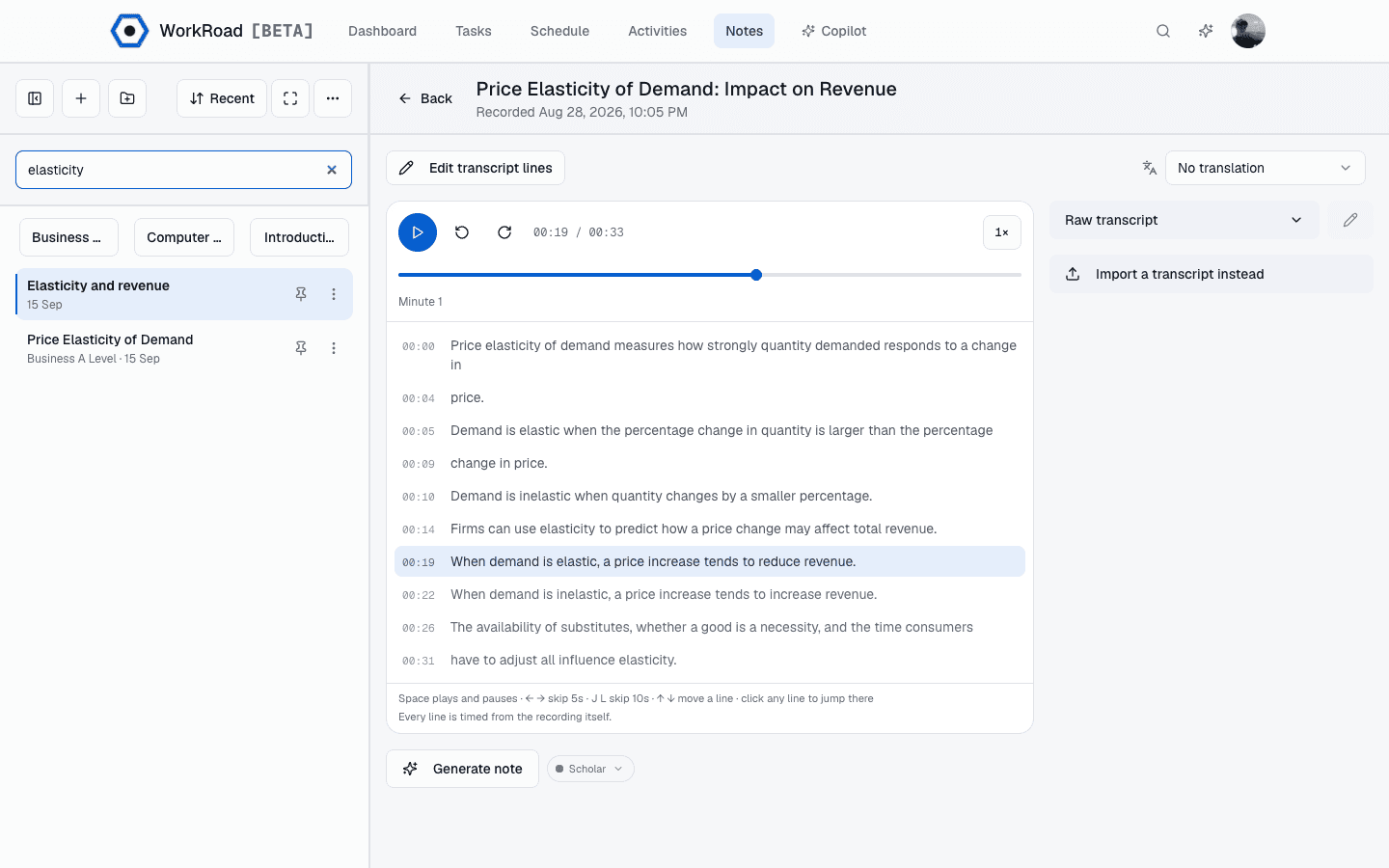 A lecture recording playing back in WorkRoad, with the transcript line for the current moment highlighted and a button to generate a note from it.