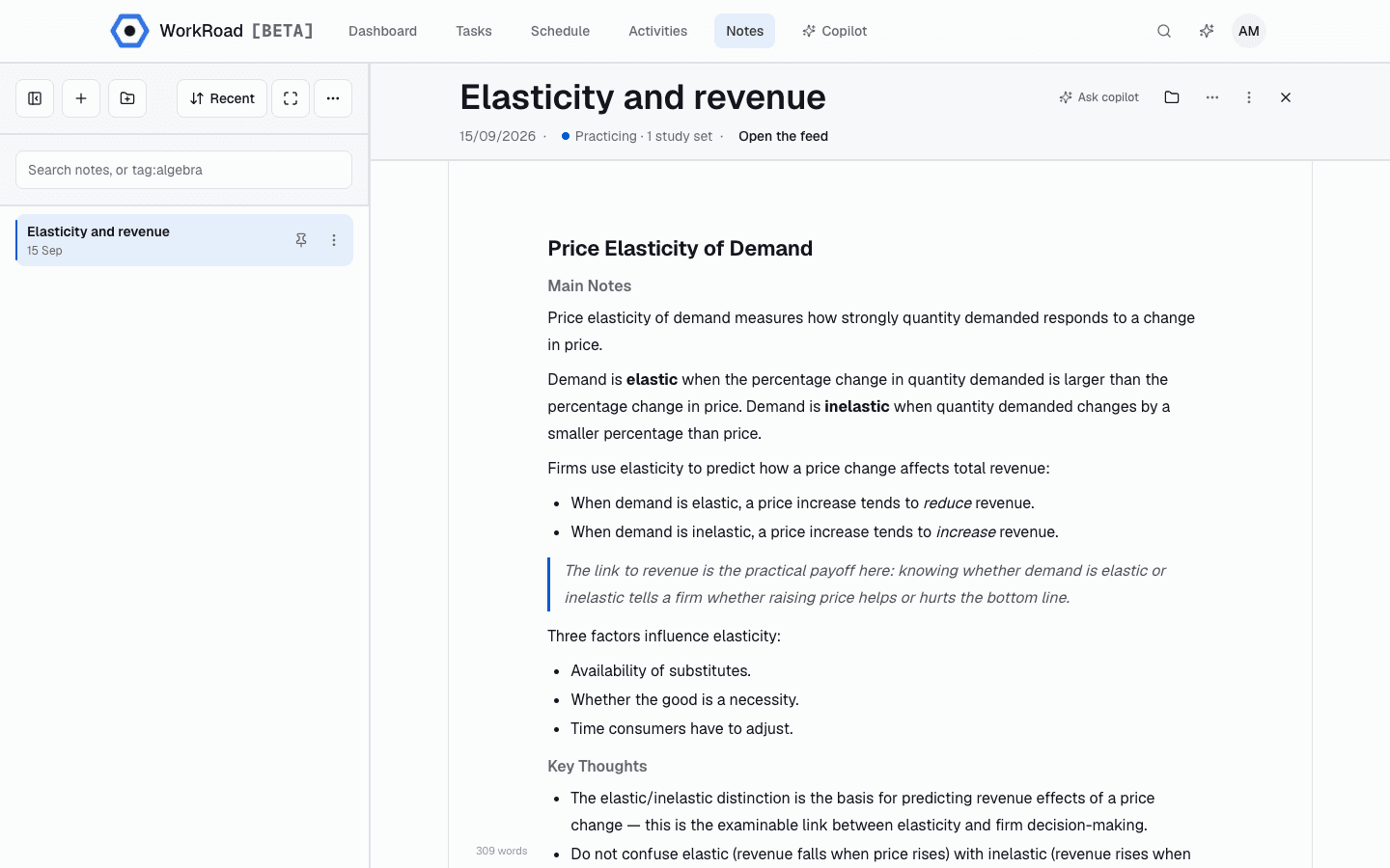 A WorkRoad note open in the editor beside the notes list, with the header showing the note is at the Practicing stage with one linked study set and an Open the feed action.